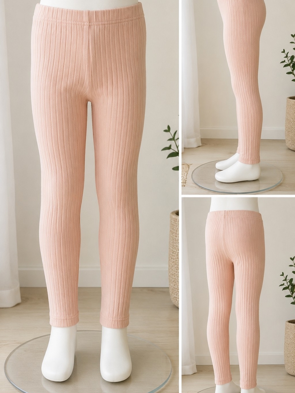 Girls Ribbed Leggings Size 7 Blush Pink Stretch Soft Knit Pants Kids Casual